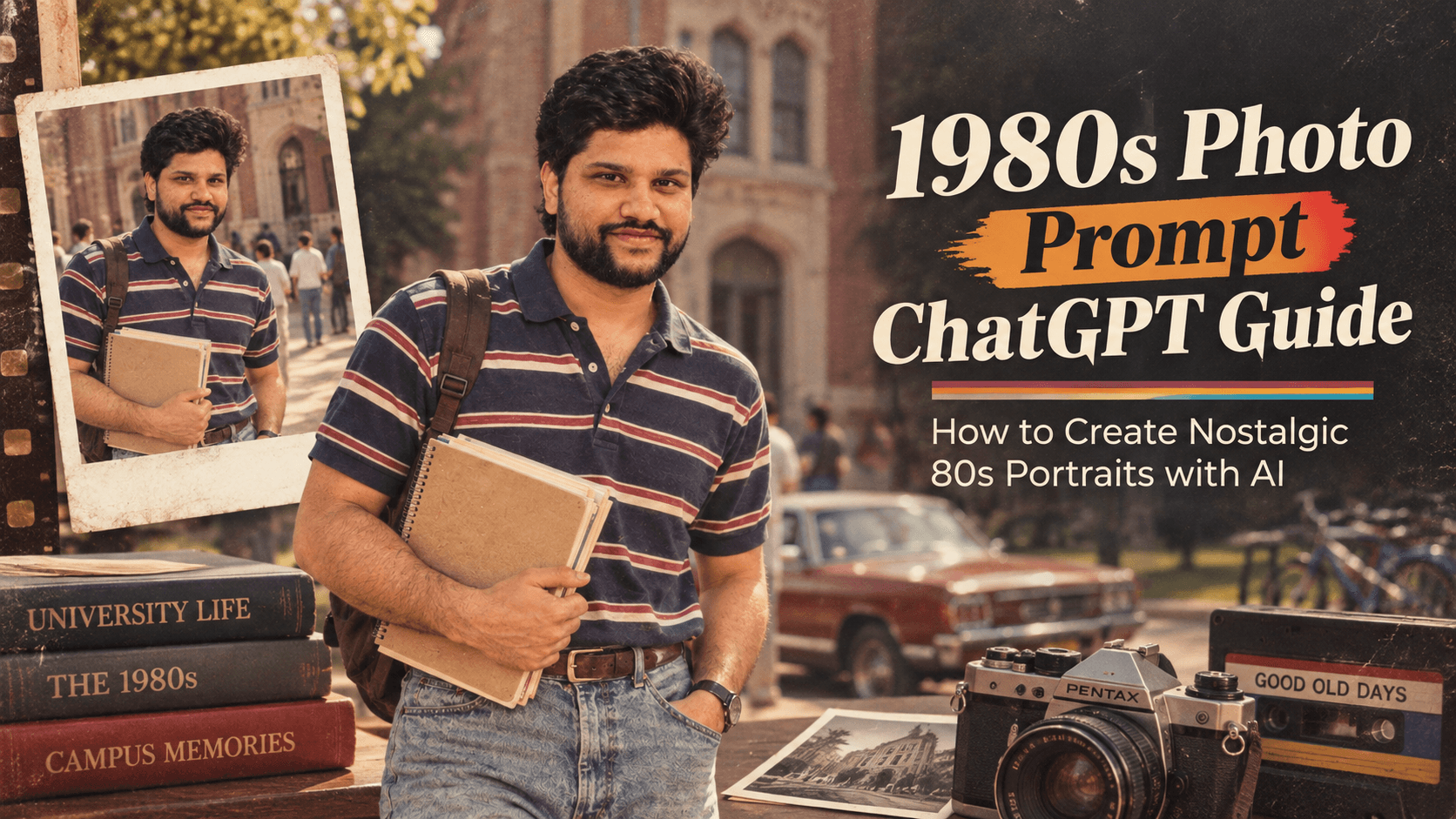 Split-screen visual showing a modern selfie alongside an AI-generated 1980s vintage analog portrait with warm film grain.